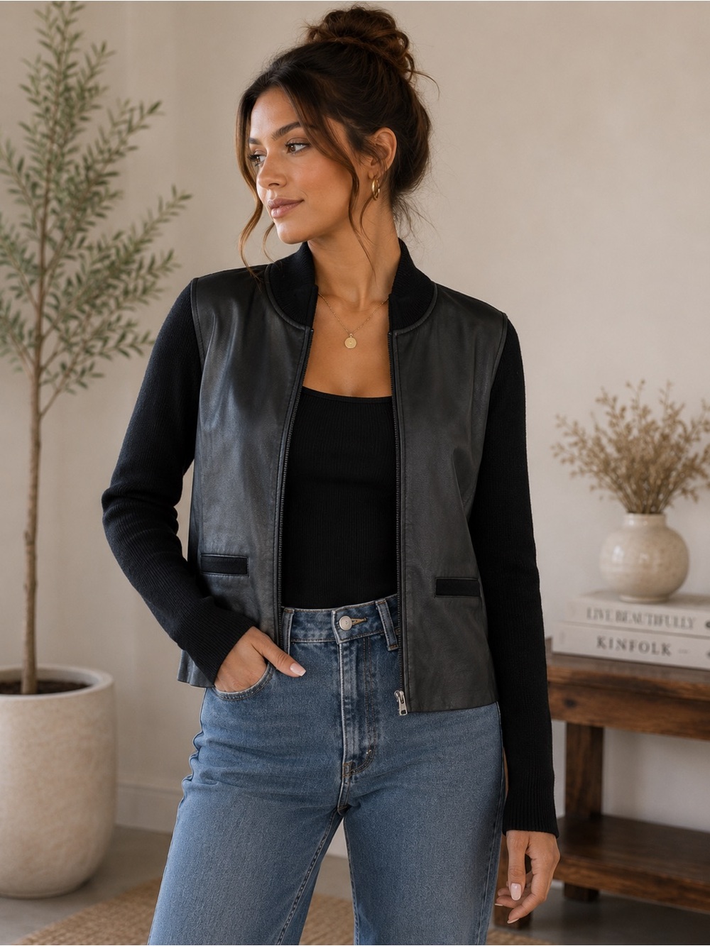Norton McNaughton Black Mixed-Media Bomber with Knit Sleeves